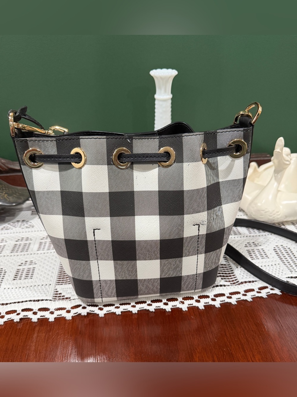 Michael Kors Black & White Gingham Drawstring Bucket Bag - Picture 8 of 16